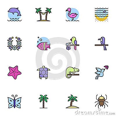 Tropical life filled outline icons set Vector Illustration