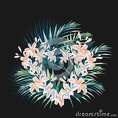 Tropical lilies flowers heart, palm leaves, jungle leaf. Cartoon Illustration