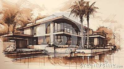 Tropical Luxury Villa Facade Elevation Sketch With Pencil Lines Stock Photo
