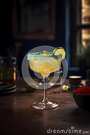 Tropical margarita cocktail with lime on a wooden table, Generative AI 2 Stock Photo