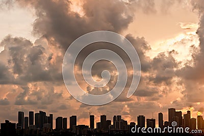 Tropical, Miami, skyline just after dawn with orange clouds Stock Photo