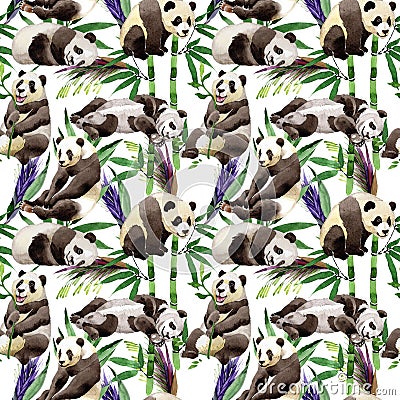 Tropical mix bamboo tree and panda pattern in a watercolor style. Stock Photo