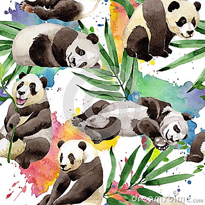 Tropical mix bamboo tree and panda pattern in a watercolor style. Stock Photo