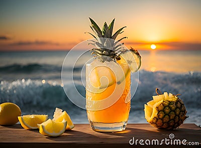 Tropical mocktail cocktail at sunset on the beach Stock Photo