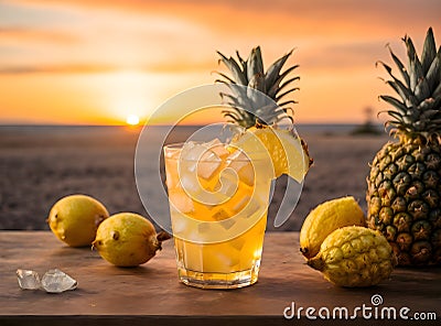 Tropical mocktail cocktail at sunset on the beach Stock Photo