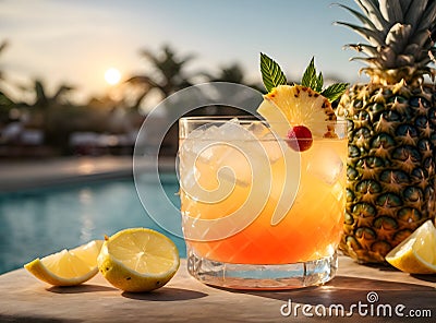 Tropical mocktail cocktail at sunset on the beach Stock Photo