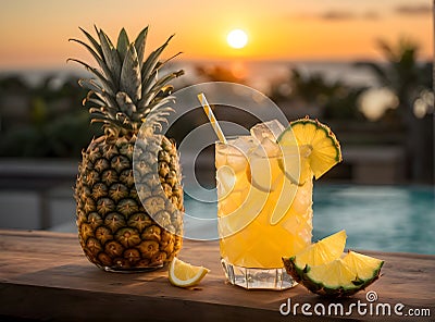 Tropical mocktail cocktail at sunset on the beach Stock Photo