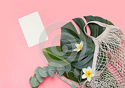 Tropical mockup, palm leaves, paper card and notebook on pink background Stock Photo