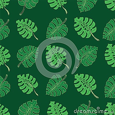 Tropical monstera leaves on green background seamless pattern. Hand drawn ink vector illustration Vector Illustration