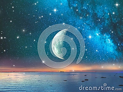 Tropical moon and starry night sky at night sunset sea dark universe cosmic bright background Stock Photo