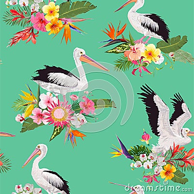 Tropical Nature Seamless Pattern with Pelicans and Flowers. Floral Background with Waterbirds for Fabric, Wallpaper Vector Illustration