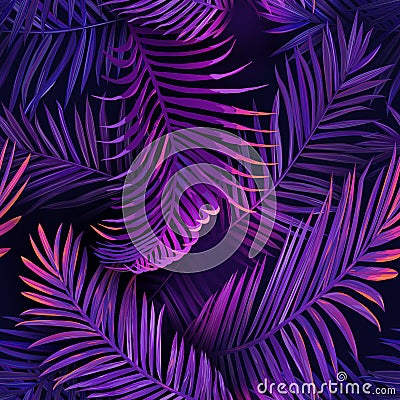 Tropical Neon Palm Leaves Seamless Pattern. Jungle Purple Colored Floral Background. Summer Exotic Botanical Foliage Vector Illustration