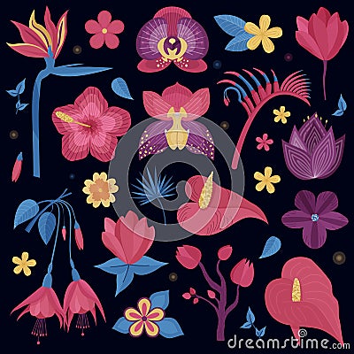 Tropical Night Flowers Set Vector Illustration