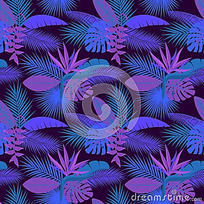 Tropical night foliage plants seamless pattern with palm banana monstera leaves, hanging heliconia flower, strelitzia Stock Photo