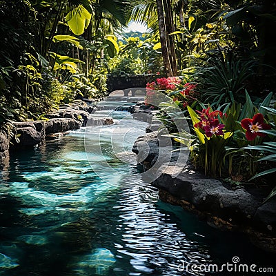 Tropical Oasis: Immerse Yourself in Refreshing Waterfalls, Vibrant Orchids in Bloom Stock Photo