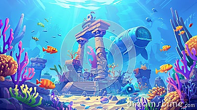 Tropical ocean bottom scene with bathyscaphe Modern web page. Underwater landscape with submarine, sunken sculpture Stock Photo