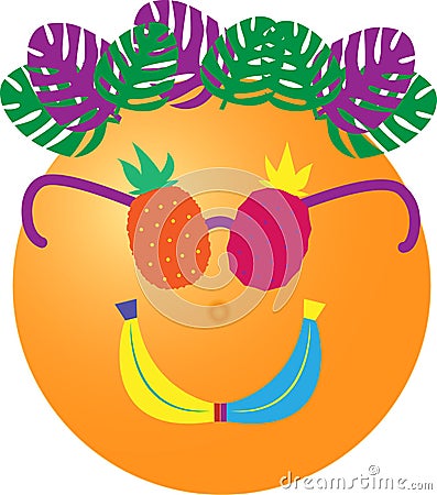 Tropical orange dude with pineapple sunglasses, bananas mouth and palms Vector Illustration