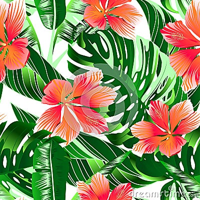 Tropical orange and pink hibiscus flowers seamless pattern Vector Illustration