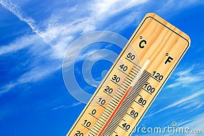 Tropical outdoor temperature on the thermometer. Stock Photo