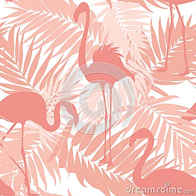 Tropical palm leaves exotic flamingo birds pink Vector Illustration