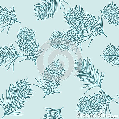 Tropical palm leaves, light blue background. Vector seamless pattern. Jungle foliage illustration. Exotic plants. Summer beach flo Vector Illustration