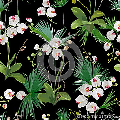 Tropical Palm Leaves and Orchid Flowers Background. Seamless Pattern Vector Illustration