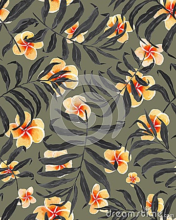 Palm leaves seamless pattern and plumeria flowers. Stock Photo