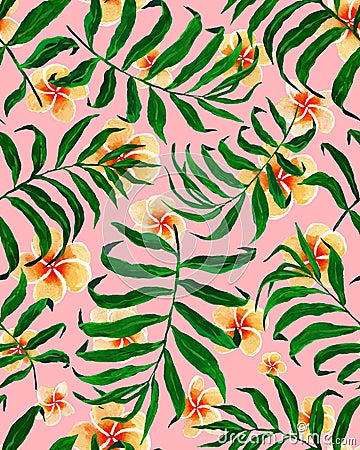 Palm leaves seamless pattern and plumeria flowers. Stock Photo