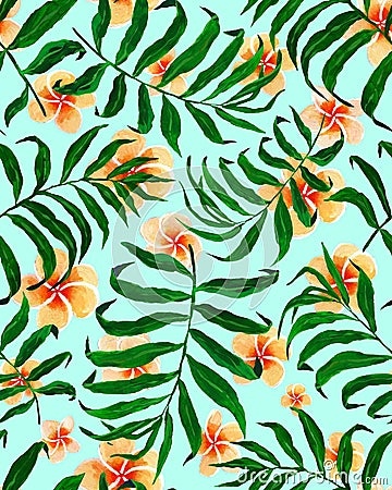 Palm leaves seamless pattern and plumeria flowers. Stock Photo