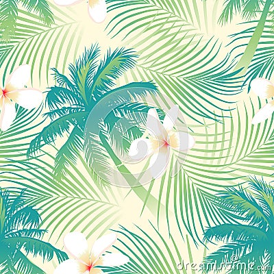 Tropical palm tree with flowers seamless pattern Vector Illustration