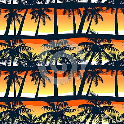 Tropical palms trees at sunset in a seamless pattern Vector Illustration