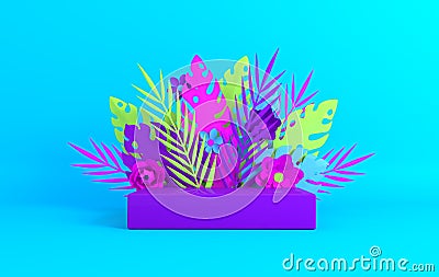 Tropical paper palm, monstera leaves and flowers frame, podium platform for product presentation. Summer tropical leaf. Origami Stock Photo