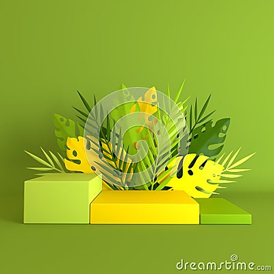 Tropical paper palm, monstera leaves and flowers frame, podium platform for product presentation. Summer tropical leaf. Origami Stock Photo