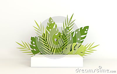 Tropical paper palm, monstera leaves frame, podium platform for product presentation. Summer tropical leaf. Origami exotic Stock Photo