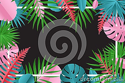 Tropical paper palm, monstera leaves frame. Vector Illustration