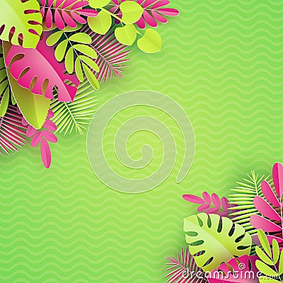 Tropical paper palm, monstera leaves frame. Summer tropical leaf. Origami exotic hawaiian jungle, summertime background Vector Illustration