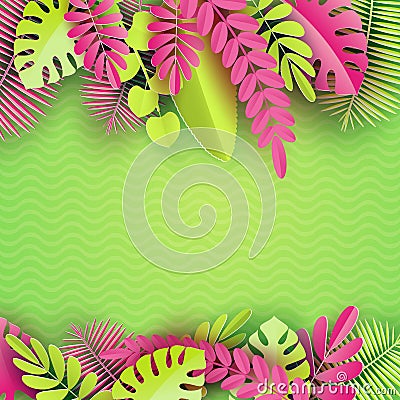 Tropical paper palm, monstera leaves frame. Summer tropical leaf. Origami exotic hawaiian jungle, summertime background Vector Illustration