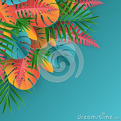 Tropical paper palm, monstera leaves frame. Summer tropical leaf Vector Illustration