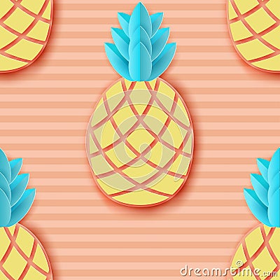 Tropical paper pineapple. Summer exotic jungle fruit seamless pa Vector Illustration