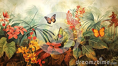 Tropical paradise, background with plants, flowers, birds, butterflies in vintage painting style Stock Photo