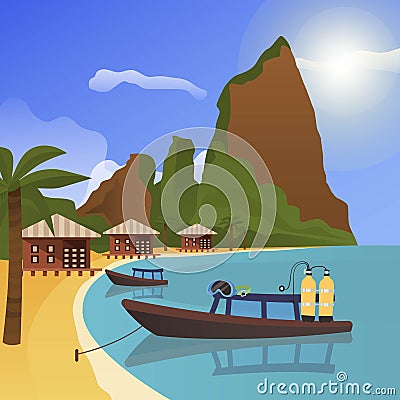 Tropical paradise banner vector illustration. Boat with diving equipment such as mask, air cylinders. Villas on beach Vector Illustration