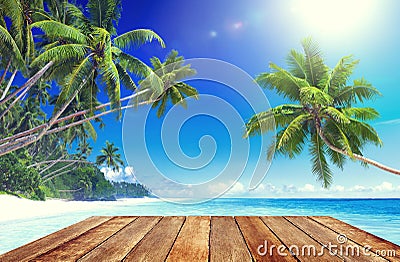 Tropical Paradise Beach and Wooden Planks Stock Photo