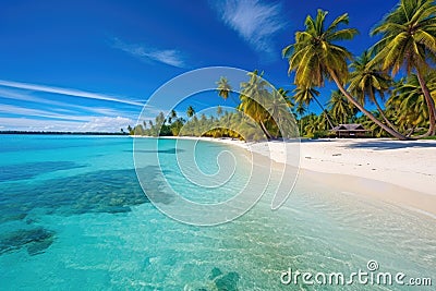 Tropical Paradise: breathtaking panorama of a pristine tropical paradise, featuring palm-fringed white sand beaches Stock Photo
