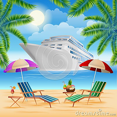 Tropical Paradise Cruise Ship. Exotic Island with Palm Trees Vector Illustration