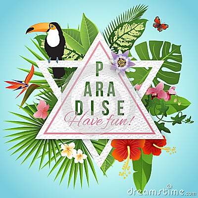 Tropical paradise label over background with leaves and flowers Vector Illustration