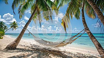 tropical paradise, a tranquil getaway awaits on a deserted tropical island with a hammock mounted between two palm trees Stock Photo