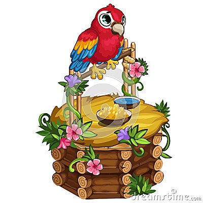 Tropical parrot sits on a beautiful wooden perch Vector Illustration