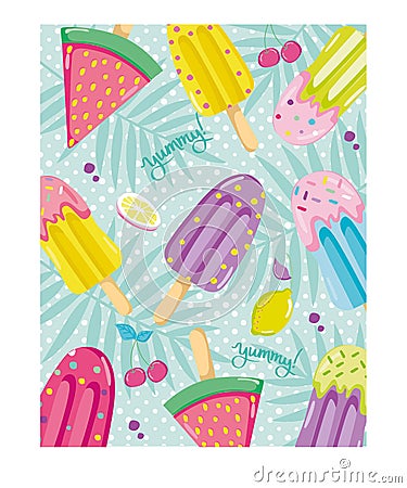 Tropical party and beautiful ice creams Vector Illustration