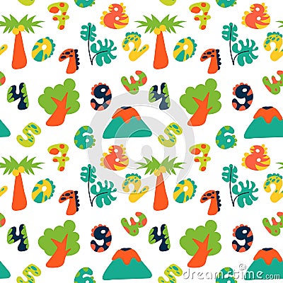 Tropical pattern with cartoon elements and dino numbers. Children's bright leaves, trees, palm trees, volcanoes and Vector Illustration