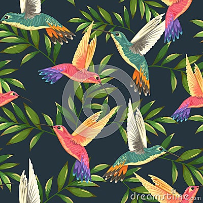 Seamless tropical pattern with hummingbirds and palm leaves Vector Illustration